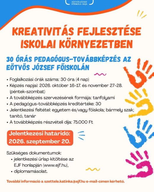 🎓 Pedagógusok figyelem! Akkreditált, 30 órás pedagógus-továbbképzés indul az Eötvös József Főiskolán „Kreativitás fejlesztése iskolai környezetben” címmel. A képzés a…